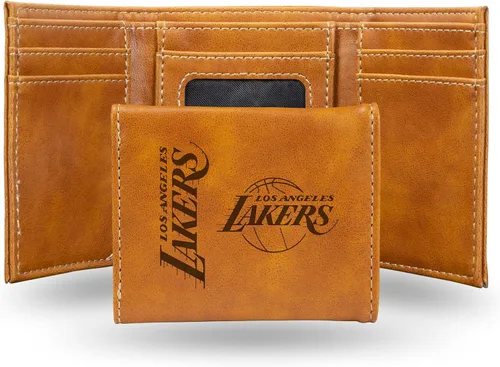 Rico Industries NBA Los Angeles Lakers - Billetera de triple pliegue, piel vegana grabada con láser, 6 ranuras para tarjetas, ventana para