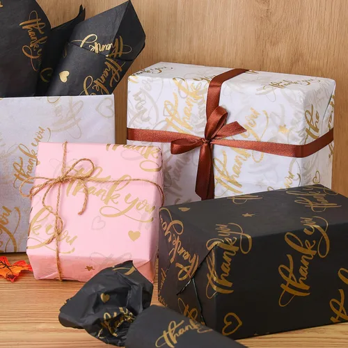Miniatura 2 de 100 hojas de papel de seda de regalo de agradecimiento de 14 x 20 pulgadas, color rosa reciclable con bolsa de embalaje dorada metálica para bodas