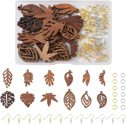 Miniatura 7 de Mega Pet Kit de fabricación de aretes colgantes de madera, 24 dijes de madera natural con 60 ganchos de latón para aretes, 60 anillos de latón