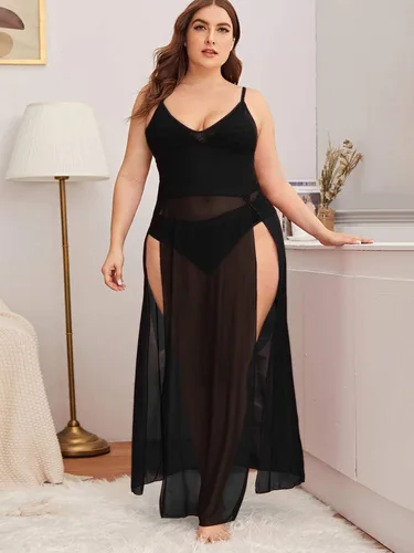 Miniatura 4 de SOLY HUX Vestido de lencería de malla larga dividida para mujer talla grande babydoll Negro