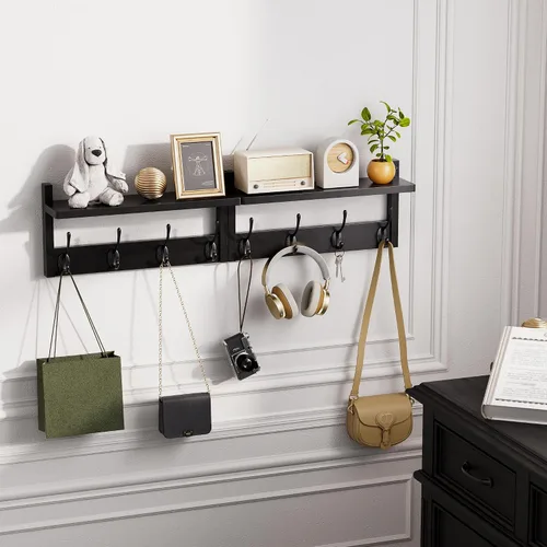 Miniatura 7 de STELLSTAR Perchero con estante, paquete de 2 perchas de bambú para montar en la pared con 8 ganchos para entrada, pasillo, cocina, baño, sala