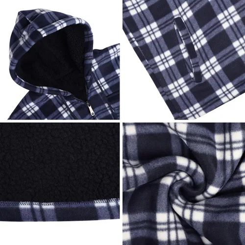 Miniatura 7 de Chaqueta de franela a cuadros para hombre, de felpa con capucha, sherpa con cremallera, pesada y gruesa, cálida para invierno