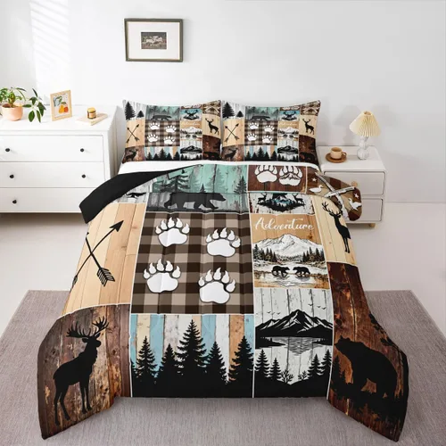 Miniatura 12 de Juego de edredón de oso rústico tamaño individual para mujeres adultas, ropa de cama con estampado de oso salvaje y animales salvajes, relleno