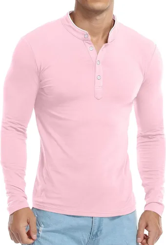 Miniatura 4 de KUYIGO Camisas polo casuales de manga larga para hombre, cuello mandarín, ajuste delgado, tops de algodón a la moda