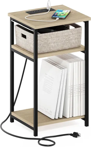 Miniatura 32 de Furinno JUST - Mesa auxiliar moderna de 3 niveles con estación de carga, mesita de noche de fácil montaje, mesita de noche con puerto USB y tipo C