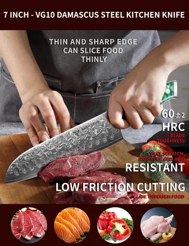 Miniatura 2 de Santoku Cuchillo de 7 pulgadas - Serie Xuan - Cuchillo de cocina de acero Damasco VG10 - Mango de resina (verde jade)
