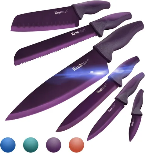 Miniatura 8 de Wanbasion Juego de cuchillos de cocina profesional negro, de acero inoxidable, apto para lavavajillas con fundas