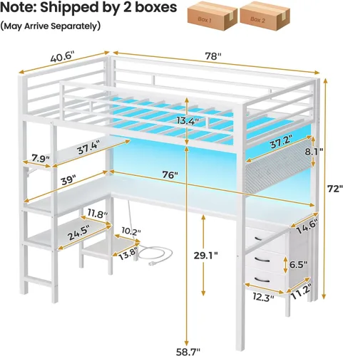 Miniatura 2 de ADORNEVE - Cama alta de tamaño individual con escritorio en forma de L, luces LED, estación de carga, cama alta de metal de tamaño individual