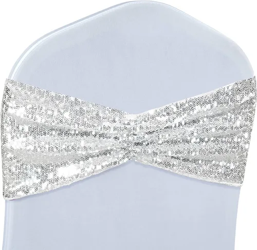 Miniatura 8 de Poise3EHome Juego de 50 bandas elásticas de lentejuelas doradas para sillas de una cara, lazos decorativos para bodas, fiestas, eventos, fundas