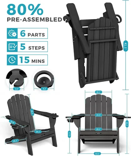 Miniatura 3 de Silla Adirondack plegable, silla Adirondack de HDPE con 2 soportes para tazas, sillas para fogatas al aire libre de fácil montaje para patio