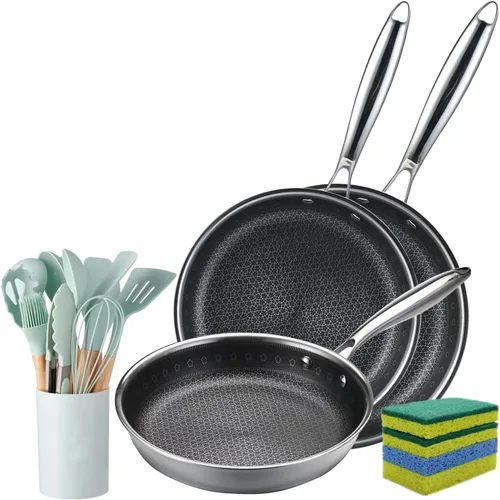 Vivicreate Juego de sartenes de acero inoxidable de tres capas, juego de utensilios de cocina antiadherentes de 19 piezas con 3 sartenes de 9.5,