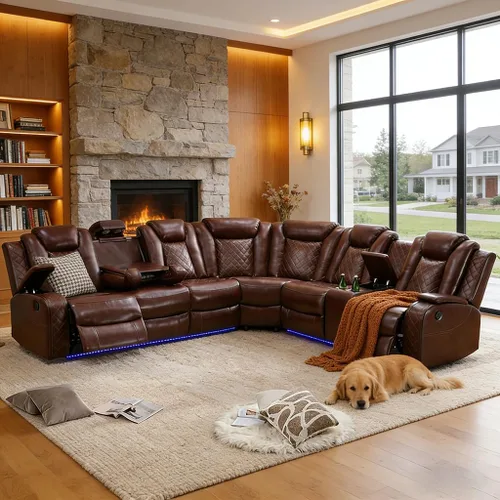 Miniatura 23 de Juego de sofá modular reclinable eléctrico con LED, juegos de muebles de sala de estar, sofá reclinable de cuero para sala de estar/cine en casa