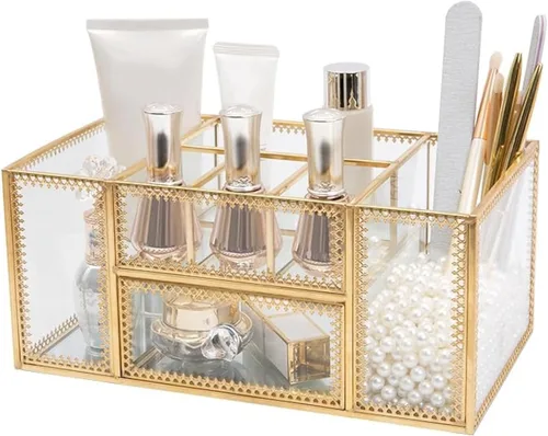 Miniatura 7 de FSyueyun Estuche organizador de maquillaje dorado, 3 capas de almacenamiento de maquillaje de vidrio, organizador de cosméticos, soporte de anillo