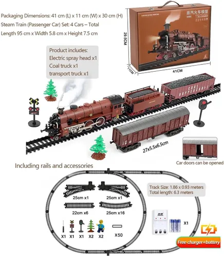 Miniatura 3 de Juego de tren eléctrico de aleación con luces y sonidos, modelo clásico de locomotora de vapor con pista larga y carruajes, juego de locomotora Rojo