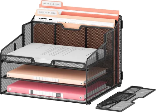 Miniatura 3 de Lavatino Organizador de escritorio, malla metálica con 2 bandejas de papel para cartas, 7 divisores flexibles, 2 soportes verticales para archivos