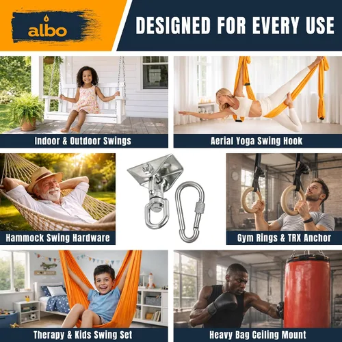 Miniatura 6 de Albo Gancho para colgar en el techo de 2650 libras para hamaca y columpio de porche, soporte resistente giratorio de 360° con mosquetón