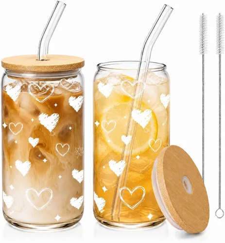 Miniatura 15 de Vasos de vidrio con tapas y pajitas, 1 paquete, tazas de café de vidrio, taza de vidrio con tapa para café helado, batido, cóctel, cerveza, whisky