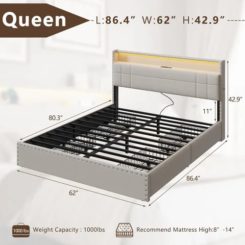 Miniatura 2 de Forestell Base de cama Queen con 4 cajones y cabecera de almacenamiento, base de cama tapizada tamaño Queen con luces LED y estación de carga, Beige