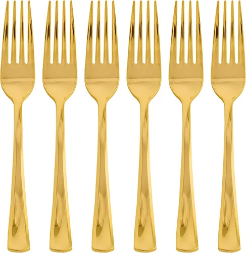 Kaya Tenedores de plástico dorado metálico brillante (paquete de 24) – Tenedores de ensalada desechables, cubiertos de primera calidad y suministros