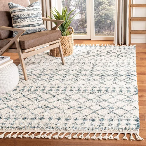 Miniatura 20 de SAFAVIEH Berber Fringe Shag Collection - Alfombra decorativa de 2 pies 2 pulgadas x 4 pies, color crema y azul, diseño, no desprende pelusa
