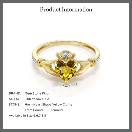 Miniatura 89 de Gem Stone King Anillo de compromiso claddagh celta irlandés de oro amarillo de 10 quilates con piedra preciosa en forma de corazón de 0.236 in