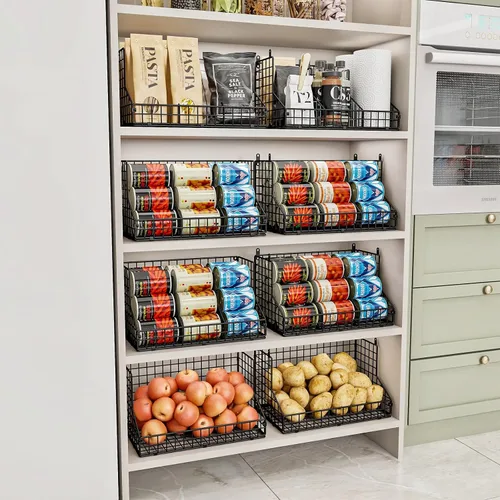 Miniatura 5 de JKsmart Paquete de 2 organizadores apilables de latas para almacenamiento de despensa, dispensadores de latas con 4 divisores ajustables, cesta