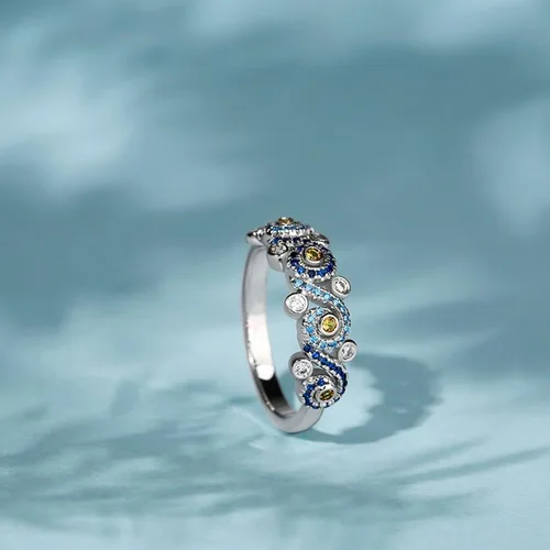 Miniatura 6 de Jeulia Anillo de compromiso de la noche estrellada de corte redondo circonita cúbica de plata de ley con diamantes de imitación, a la moda