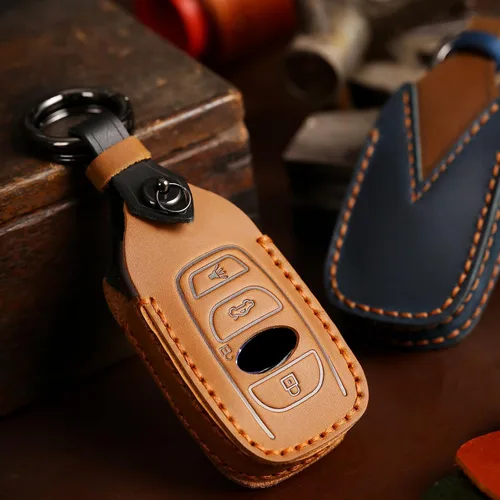 Miniatura 7 de OLLEN Funda para llavero de cuero genuino sin tornillos, apta para Subaru Forester Outback BRZ WRX STI Legacy Ascent CrossTrek Impreza, etc., Marrón