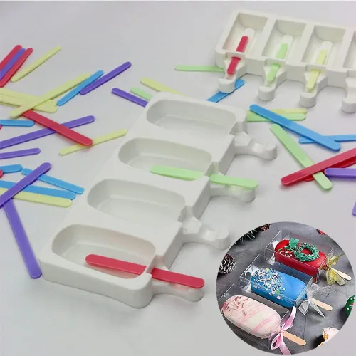 Miniatura 7 de ELANE 4 moldes para paletas de hielo, silicona, con forma de cilindro, blanco, moldes para paletas de hielo con 25 palitos de paletas