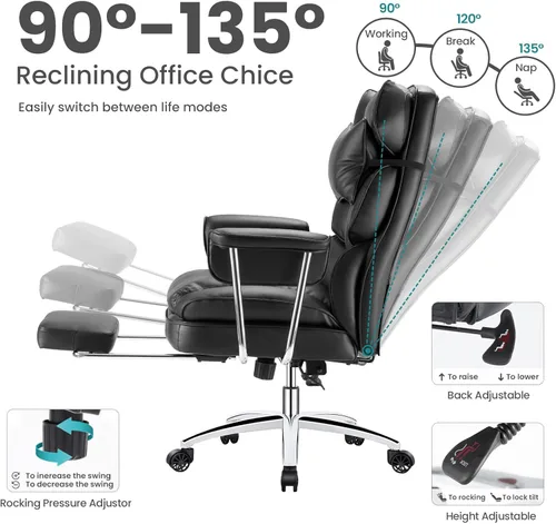 Miniatura 6 de OLIXIS Silla de escritorio para oficina en casa, cómoda con reposapiés, soporte ergonómico de cuero sintético grande y alto, ruedas giratorias