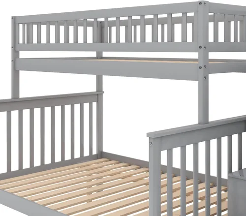 Miniatura 8 de Polibi Litera de escalera individual sobre matrimonial con nido, escalera de almacenamiento y barandilla de longitud completa, litera de Gris