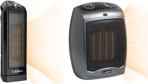 Lasko Calentador de espacio de cerámica oscilante, 15.7 pulgadas, negro, 1500 W, CT16450 y calentador eléctrico de cerámica, 9.2 pulgadas, gris