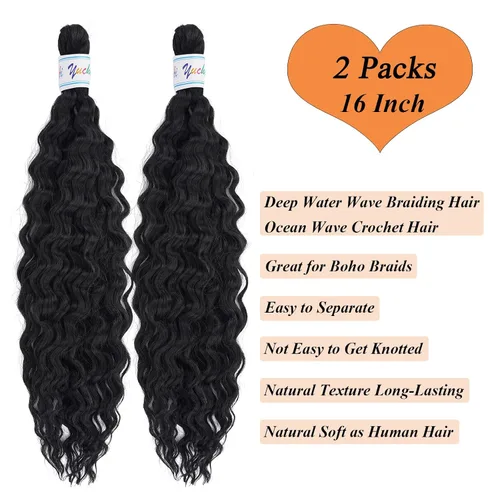 Miniatura 3 de Cabello para trenzar rizado ondulado negro 1B preestirado de onda oceánica profunda de ganchillo bohemio para trenzar de 16 pulgadas, 2 paquetes