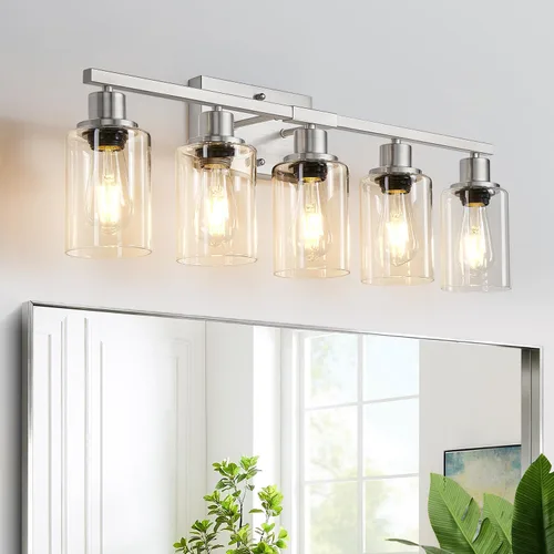 Miniatura 29 de MOKATNG Juego de 2 apliques de pared para baño, luces de tocador modernas negras con pantalla de vidrio blanco, lámpara de pared de baño