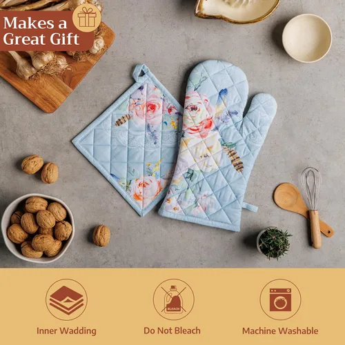Miniatura 5 de Maison d' Hermine - Juego de guantes de horno de 7.5 x 13 pulgadas y agarradera de 8 x 8 pulgadas, 100 % algodón, resistente al calor, cocina, 077