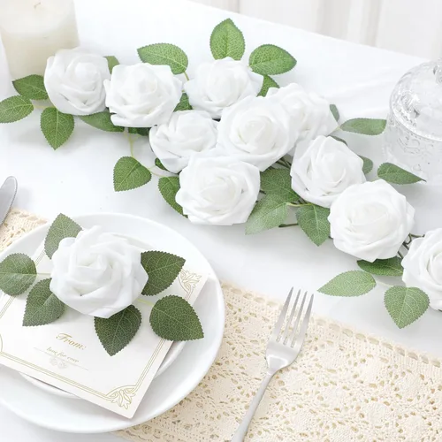 Miniatura 3 de DerBlue 60 rosas artificiales con tallo y 10 hojas verdes, rosas falsas de aspecto real, rosas artificiales de espuma para decoración de bodas