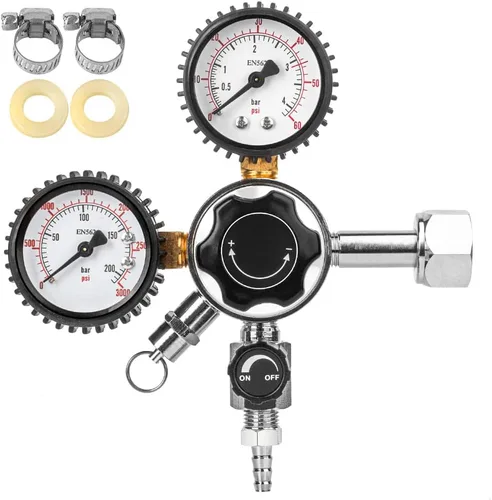 TMCRAFT Regulador de CO2 de barril, regulador de presión CGA-320 de doble calibre con presión de trabajo de 0-60 PSI y presión de tanque de 0-3000