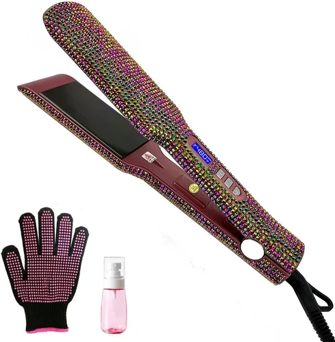 Miniatura 10 de Plancha plana de titanio con magnífico diamante de imitación de cristal, alisador y rizador de pelo 2 en 1, apagado automático de 60 minutos, Rosa