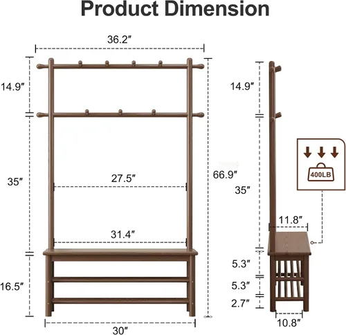 Miniatura 2 de AQIMUELE Perchero con almacenamiento de zapatos, árbol de pasillo de madera con banco, 11 ganchos y estantes de almacenamiento de 2 niveles, 3 en 1