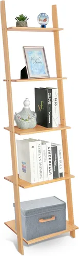 Miniatura 8 de Estantería de escalera de 5 niveles – Estante de almacenamiento, estante inclinado de pared, soporte de flores blanco independiente, estantería