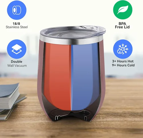 Miniatura 2 de DOMICARE - Juego de 16 vasos de vino de 12 onzas con tapa, hechos de acero inoxidable con aislamiento al vacío de doble pared, color dorado rosado