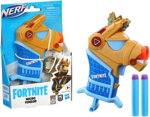 Nerf Fortnite Micro Y0nd3r - Mini lanzador de dardos – Diseño de atuendo Fortnite Y0nd3r – Incluye 2 dardos Nerf Elite y corona extraíble
