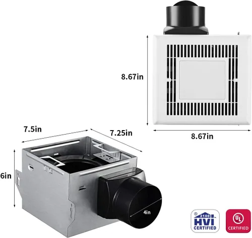 Miniatura 2 de Tech Drive Ventilador de baño con luz de 50 CFM 1.0Sone No necesita acceso al ático, ventilación de baño muy silenciosa y ventilador de escape