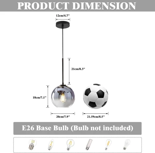 Miniatura 2 de KCO Lighting Globo Colgante Moderno Negro Luz Colgante de Techo de Vidrio Mercurio Luz Colgante de Cocina Plateada de Mediados de Siglo Iluminación