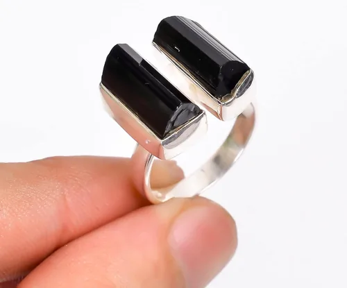 Miniatura 4 de RSR3088 - Anillo de plata de ley 925 con piedra de turmalina negra cruda