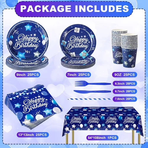 Miniatura 2 de Norme Juego de vajilla para fiesta de cumpleaños de 176 piezas en azul marino y plata. Decoración de cumpleaños que incluye mantel, platos de papel