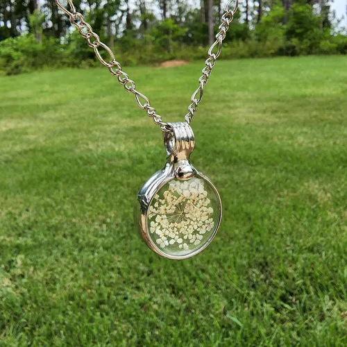 Miniatura 37 de Queen Anne's - Collar de encaje con colgante de flor prensada real en cristal hecho a mano, joyería de flores silvestres, collares de encaje