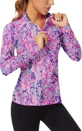 Miniatura 120 de WOWENY Camiseta deportiva de manga larga para mujer, con cremallera de un cuarto, cuello para entrenamiento, camiseta de tenis con estampado