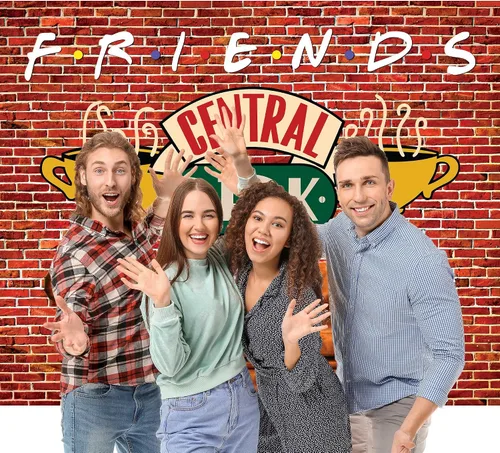 Miniatura 2 de Fondo de 6 x 4 pies para fiesta de amigos de Central Perk, pared de ladrillo rojo, retro, sofá de pub y café, fondo para fotografía de cumpleaños
