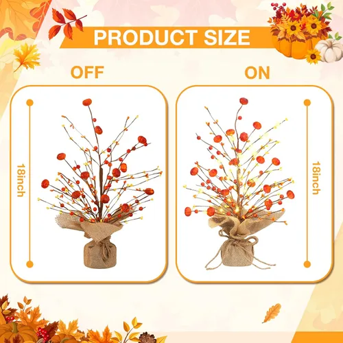 Miniatura 3 de Ganeen 2 piezas de decoración de mesa de árbol de otoño iluminado de Acción de Gracias LED de 18 pulgadas, mini centro de mesa de otoño, calabaza